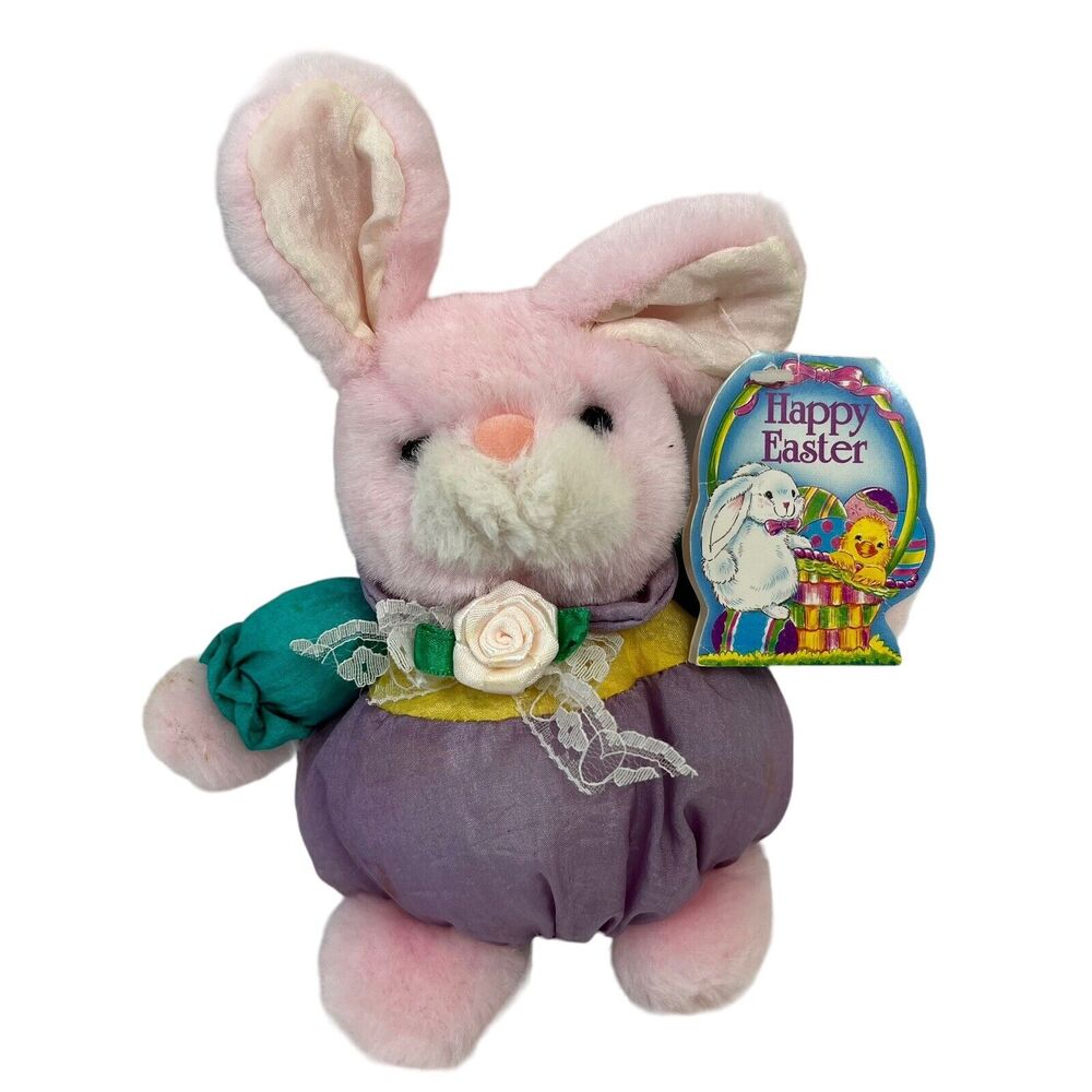 Vintage Small Pastel Pink Bunny Rabbit Plush Happy‎ Easter Stuffed Animal 7.5"